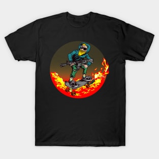 Man Riding on Armed Skateboard Illustration T-Shirt